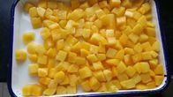 Los bocados de la jalea de fruta conservaron el melocotón amarillo cortan en cuadritos en jarabe ligero promueven apetito