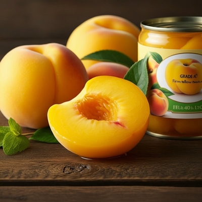 Grado A OGM Amarillo / Blanco Firm Shelf Estables Medio de melocotón enlatado