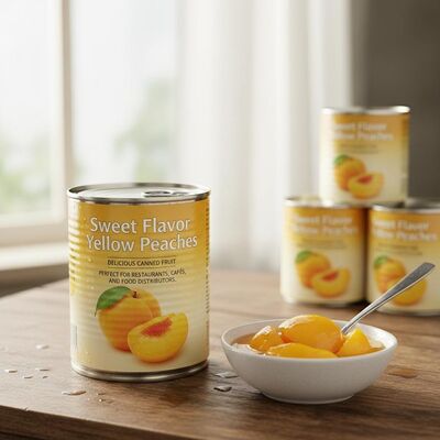 Sabor dulce melocotones amarillos en lata deliciosas frutas enlatadas perfectas para restaurantes cafeterías y distribuidores de alimentos