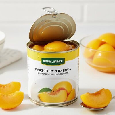 Frutas enlatadas sabor natural melocotón amarillo enlatado etiqueta privada mezclas de melocotón enlatado ideal para aplicaciones de procesamiento de alimentos