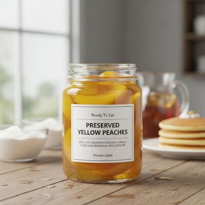 Persícolos amarillos en conserva, de etiqueta privada, ideales para su incorporación en diversos alimentos y bebidas.