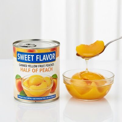 Sabor dulce Frutas amarillas enlatadas melocotones Medio de melocotón Opción popular entre los fabricantes y distribuidores de alimentos
