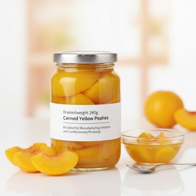 Frutas enlatadas enlatadas melocotón amarillo peso de drenaje 240 g Brix ideal para la fabricación de postres y productos de confitería